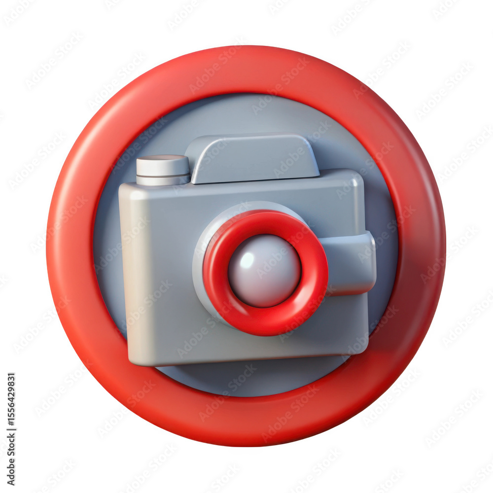 Fototapete stylized 3d camera icon with a red ring and white lens isolated on transparent background