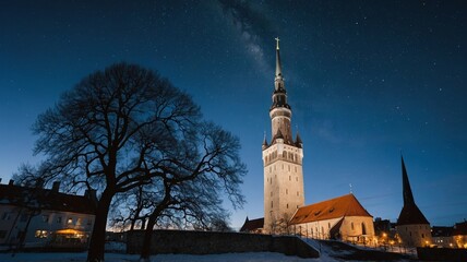 Starlit Night Sky Over Historic Tallinn Tower With Trees and Buildings Illuminated by Warm Light
