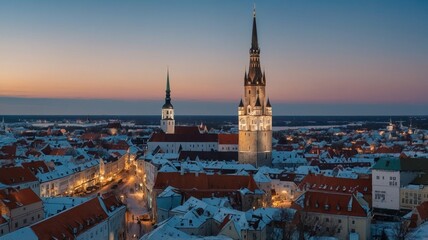 Historic Towers Illuminate Tallinn's Old Town During Twilight With Warm City Lights Shining Across the Snowy Rooftops