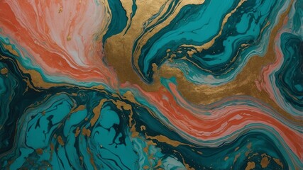 Abstract Swirl of Teal and Coral With Gold Accents Creates a Vibrant and Dynamic Visual Composition in a Contemporary Art Style