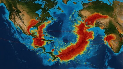 Detailed Topographic Map Showcasing the Underwater Features of the Pacific Ocean and Surrounding Regions From Southeast Asia to the Americas