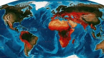 Detailed Map Showcasing Earth's Landforms and Climates With a Focus on Vegetation and Water Bodies in Various Regions
