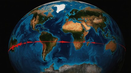 Global Map Showing Equator in Vivid Detail With Highlighted Line Marking the Imaginary Boundary Between Northern and Southern Hemispheres