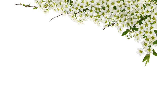 Beautiful spring twigs of spiraea flowers for corner floral arrangement isolated on white or transparent background