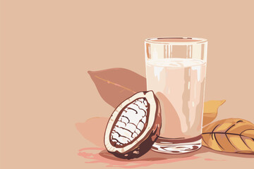 Vector illustration of cacao water in a glass and half of cacao fruit with palm leaves on a peach backdrop