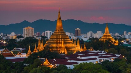 Breathtaking Sunset Over Myanmar Pagodas With Vibrant Colors Illuminating the Sky and City Skyline in the Background