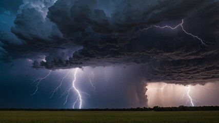 Dramatic Lightning Strikes Illuminate Dark Storm Clouds Over a Vast Field During a Summer Thunderstorm at Dusk in a Rural Area