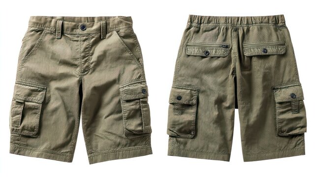 Front and back view of casual cargo shorts, khaki color, flat lay design, clean background for e-commerce