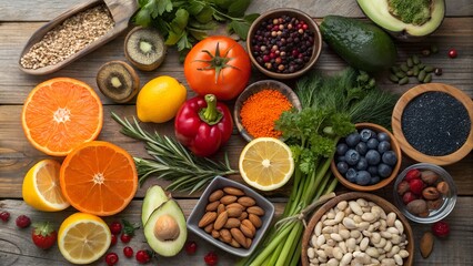 Colorful Organic Fruits and Vegetables,
Healthy Food Assortment on Wooden Table,
Fresh Fruits and Veggies in Heart-Shaped Bowls,
Vibrant Plant-Based Superfoods Display,
background image