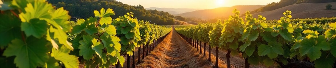 Fototapeta premium Sun-Drenched Autumn Vineyard Ripe Grapes Hanging Heavy on Lush Vines Ready for Harvest on a Picturesque Hillside