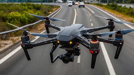 High-tech Drone Flying Over a Busy Highway Capturing Aerial Views in Bright Daylight