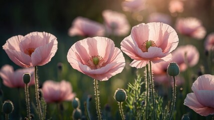Soft Pink Poppies Bloom in a Sunlit Meadow During Spring, Creating a Serene Atmosphere Filled With Nature?s Beauty and Vibrant Colors