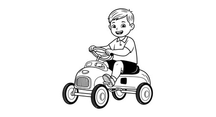 A happy cartoon boy driving a vintage pedal car with a big smile on his face