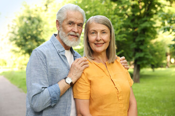 Lovely senior couple walking together in park