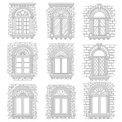 Architectural window vector collection showcasing diverse designs and brick wall details