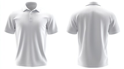 Front and back views of a classic white cotton polo shirt on an invisible mannequin, isolated on a white background, showcasing collar and button details, photorealistic style