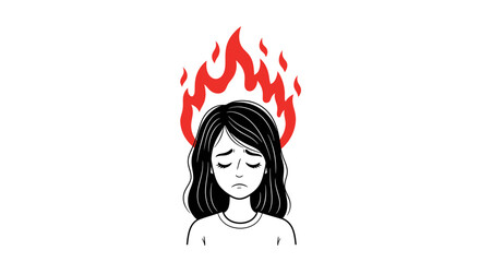 Cartoon depiction of a woman with flames above her head expressing stress and anxiety