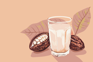 Vector illustration of cacao water in a glass and half of cacao fruit with palm leaves on a peach backdrop