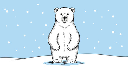 Cartoon polar bear standing in a snowy arctic landscape illustration, winter scene