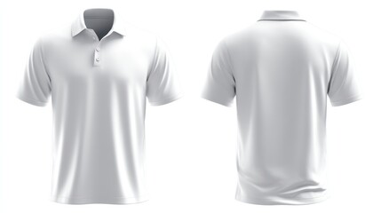 Front and back views of a classic white short-sleeve polo shirt on an invisible mannequin, isolated on a white background, showcasing collar and button details, photorealistic style