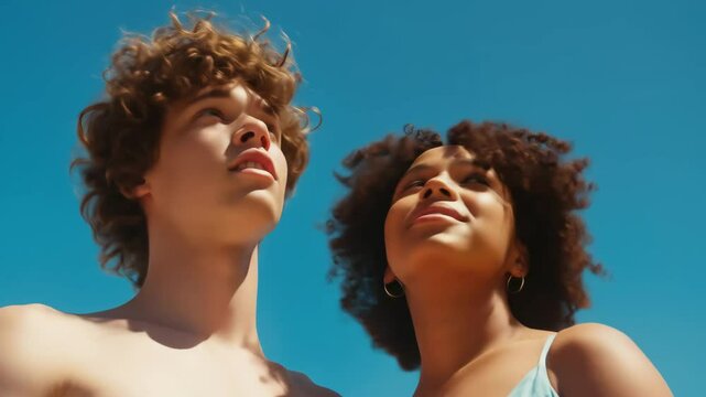 Young man and woman look up at blue sky. People dreaming of future. Hope and aspiration concept video footage.