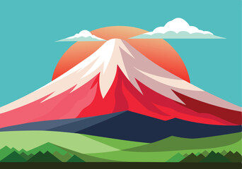 A stunning sunrise casts a warm glow on mount fuji, its slopes overlooking a verdant landscape