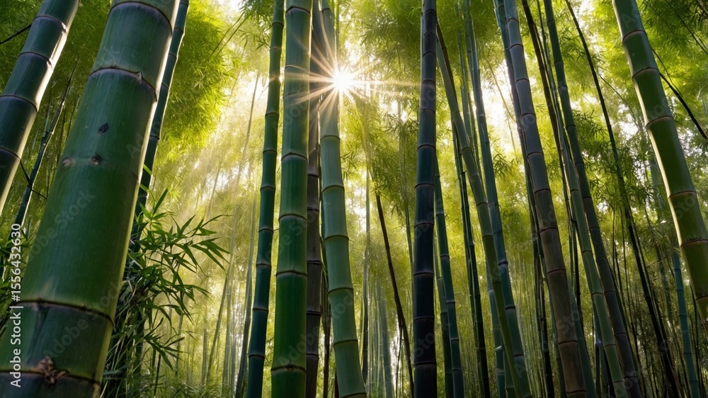 Poster sunlight filters through a bamboo forest creating a serene and tranquil atmosphere in a lush green l