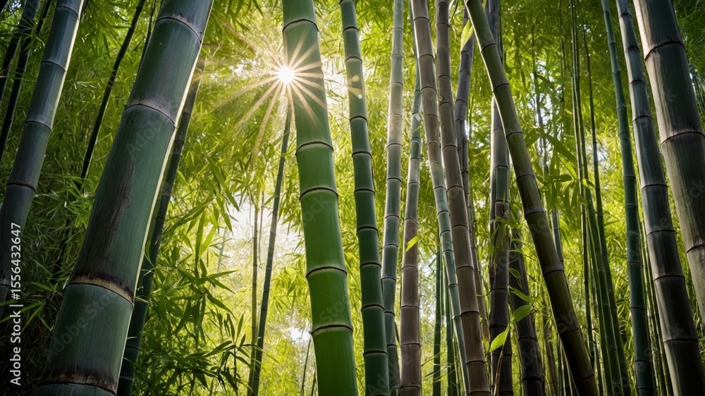 Aufkleber sunlight filters through tall bamboo trees in a serene forest setting during the early morning hours