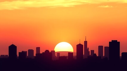 An abstract cityscape silhouette with geometric shapes and warm sunset colors.