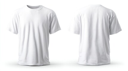 Front and back views of a plain white T-shirt, isolated on a pure white background, perfect for apparel mockups