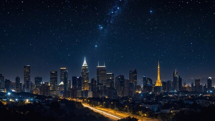 City Skyline Illuminated Under a Starry Night Sky With Towering Buildings and Skyline Landmarks in View Near a Busy Roadway