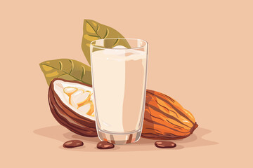 Vector illustration of cacao water in a glass and half of cacao fruit with palm leaves on a peach backdrop