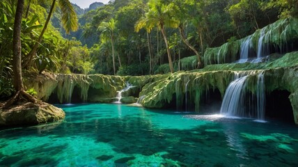 Fototapeta premium Stunning Tropical Waterfalls Cascade Into Crystal Clear Pools Surrounded by Lush Greenery in a Serene Natural Oasis During Bright Daylight
