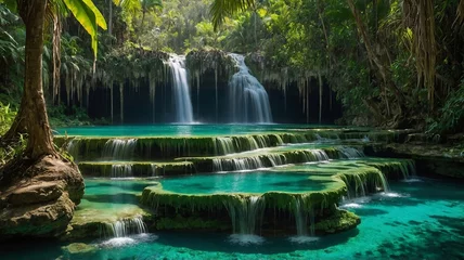 Tableau sur plexiglas Paysages Natural Beauty of Cascading Waterfalls in a Lush Tropical Paradise During Midday Sunlight  © Monty
