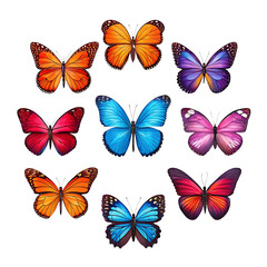 Collection of nine vibrant butterflies in various colors isolated on transparent background