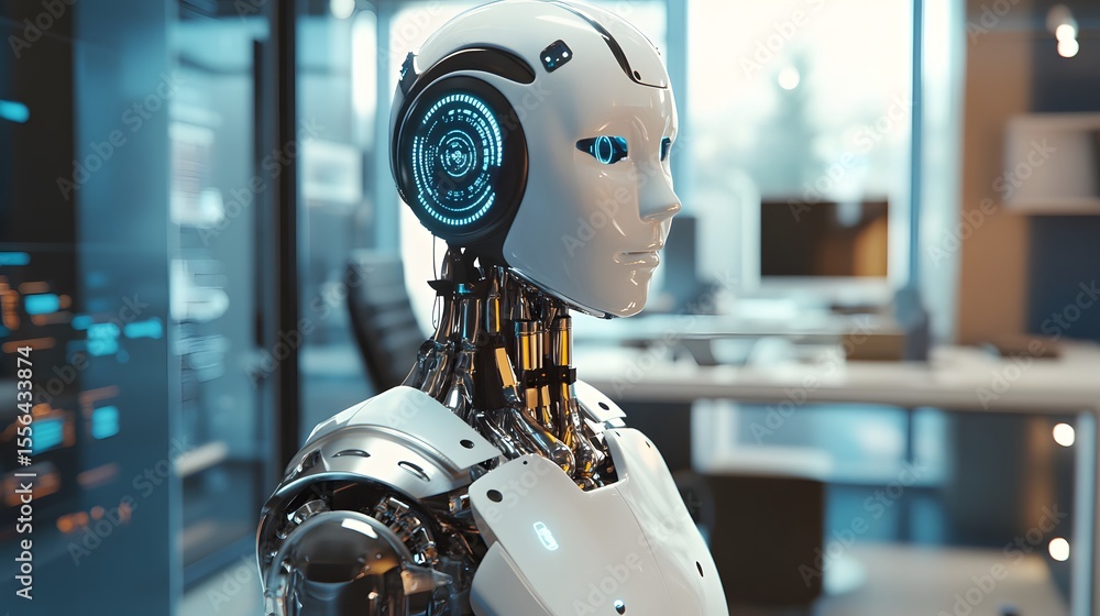 Poster technological sentience: a meticulously crafted android stands poised in a futuristic setting, its l