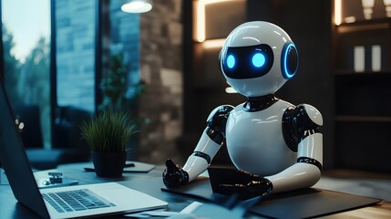 Fototapeta premium Futuristic Colleague: An advanced robot engaged in a focused interaction within a modern office, representing the evolving landscape of technology and work.