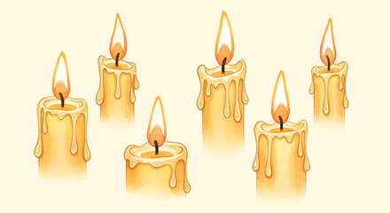 Illustration of multiple burning candles with dripping wax on a light background