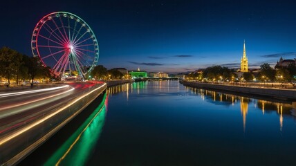 Obraz premium Colorful Ferris Wheel Illuminates the Riverside as Twilight Sets in Over a Vibrant City Landscape With Historical Architecture in View