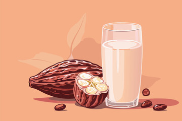 Vector illustration of cacao water in a glass and half of cacao fruit with palm leaves on a peach backdrop