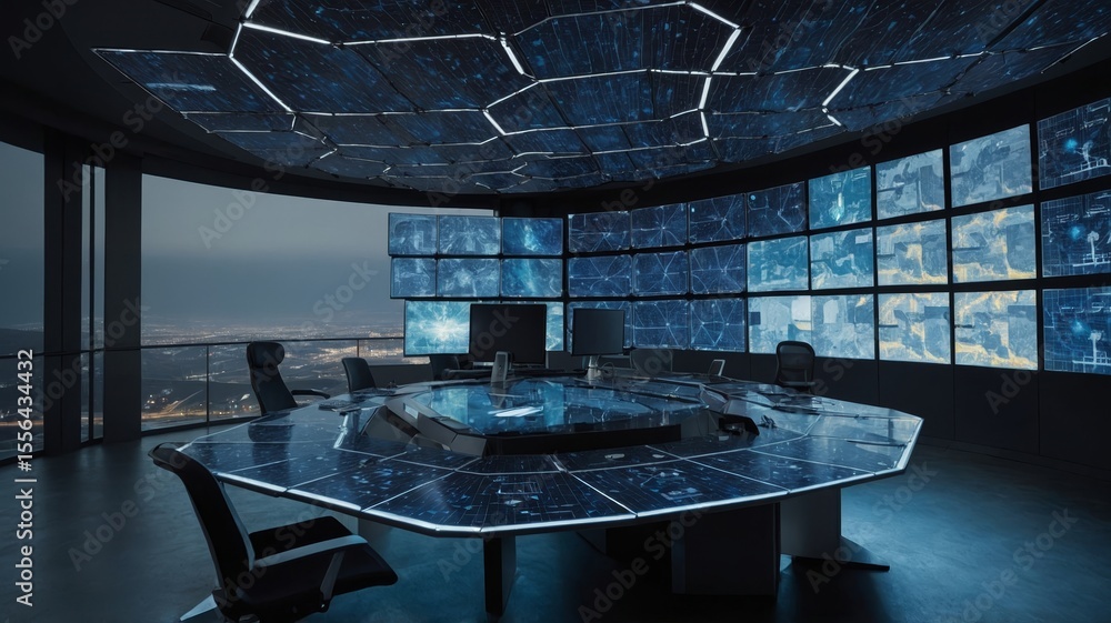 Poster modern command center with advanced technology and multiple screens showcasing strategic maps and da