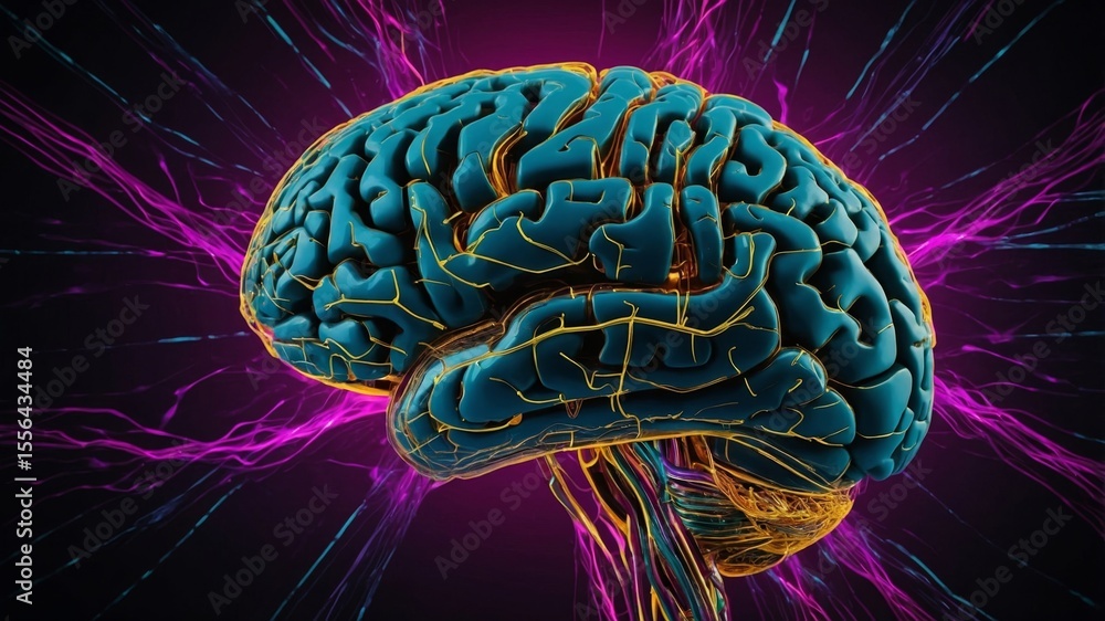 Poster intricate 3d rendering of a brain illuminated with vibrant purple energy, showcasing neural pathways