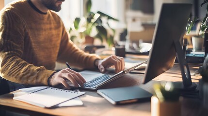 Focused Productivity at Desk: A close-up shot showcases a focused individual engrossed in their work at a well-lit desk. Capturing the essence of concentration.