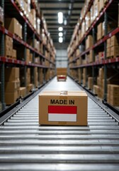 Cardboard box with an Indonesian flag on a conveyor belt in warehouse