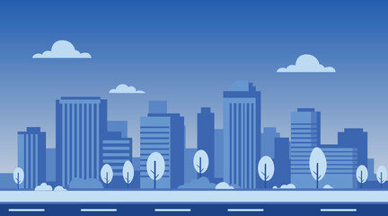 Flat Vector Modern Urban City Skyline with Skyscrapers, Trees and Road in Blue Color Palette, Minimal Clean Business Downtown Cityscape 