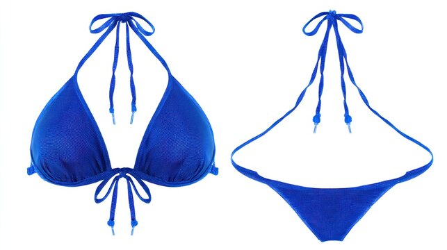 Front and rear views of a string bikini with ties, high-resolution and centered on a blank background