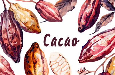 Vector illustration of cacao fruit and leaves on white background and lettering cacao