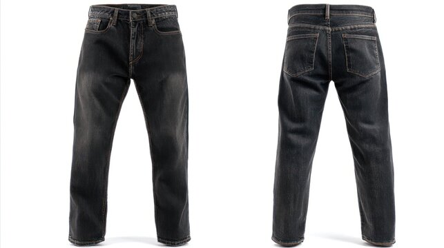 Front and rear views of dark wash jeans with clear pocket and seam details, white background