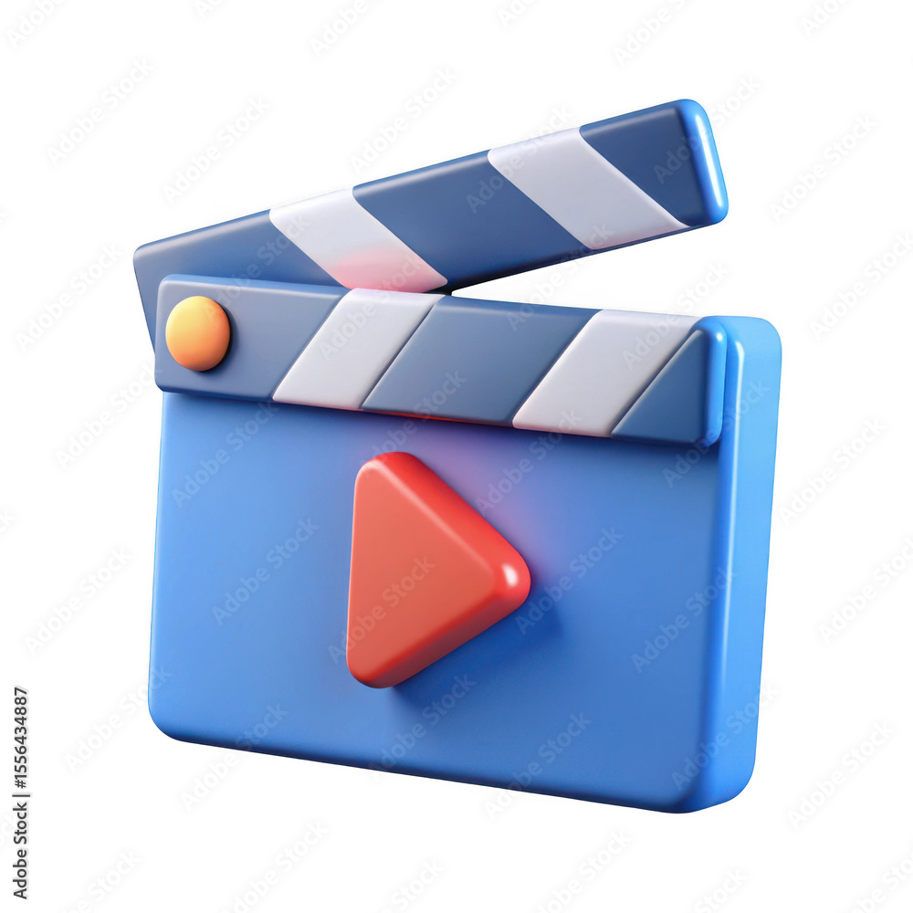Poster 3d rendered blue clapperboard with red play button and orange knob isolated on transparent backgroun