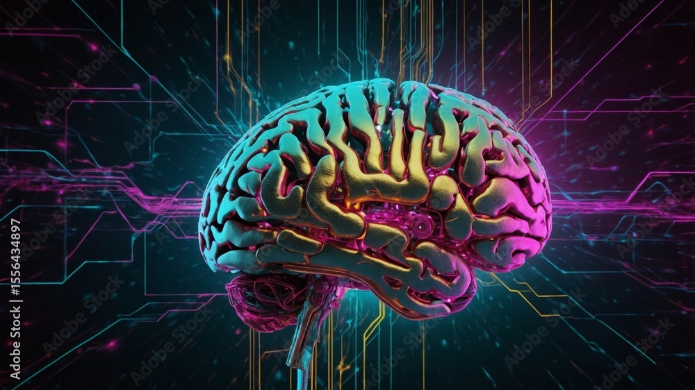 Aufkleber digital representation of a human brain with neon colors and intricate circuitry, symbolizing the in